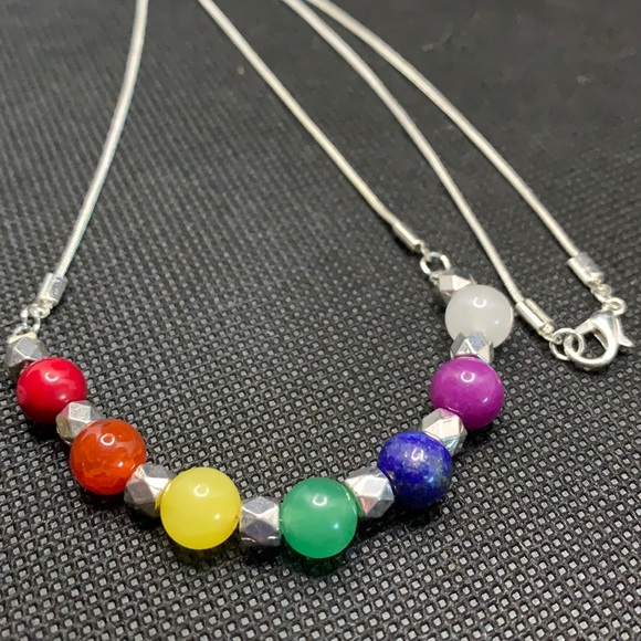 Handmade Chakra Semiprecious Stone Silver Plated Serpentine Chain Necklace 24” - Picture 2 of 4